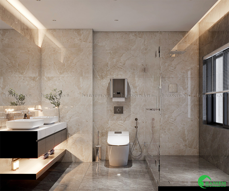 Trang trí hệ thống ánh sáng hợp lý kết hợp thiết bị phòng tắm cao cấp