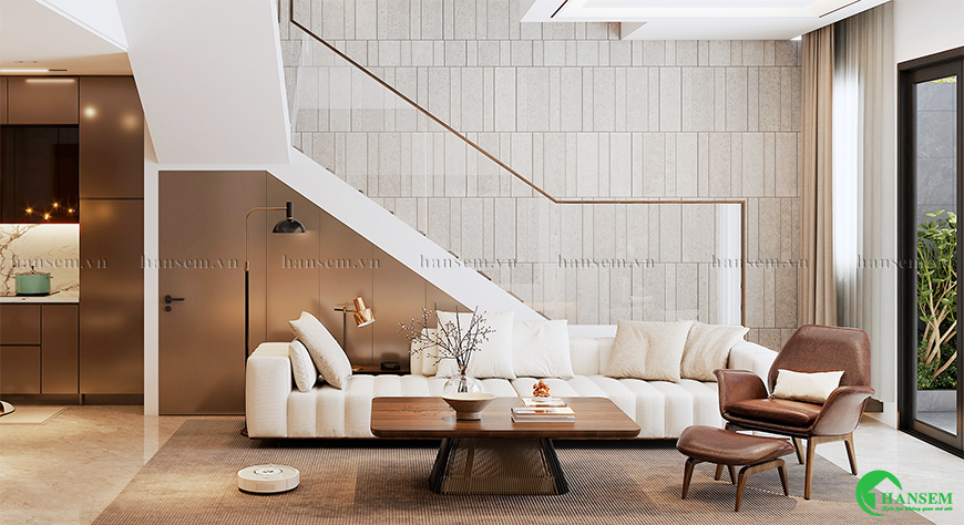 Bên bàn ghế sofa là cầu thang xinh xắn hiện đại trang trí tối giản