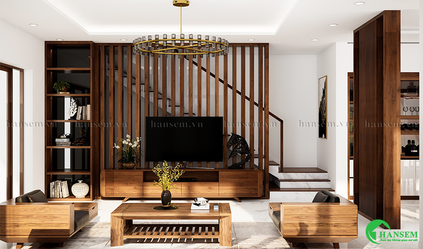 Phòng khách hài hòa màu sắc và chất gỗ đẹp