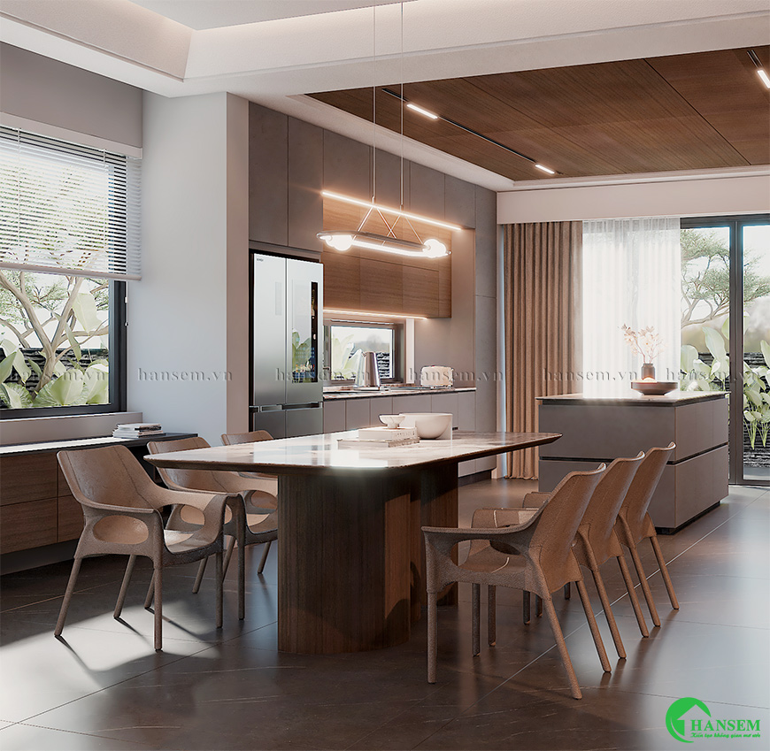 Gỗ công nghiệp và bàn đá cao cấp tự nhiên thổi vào căn bếp hết sức hiện đại