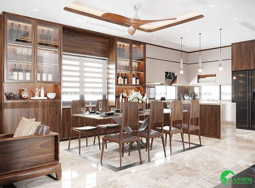 Tủ gỗ kính, ghế bàn ăn và tủ bếp mang lại những bữa cơm cho gia đình thêm hạnh phúc