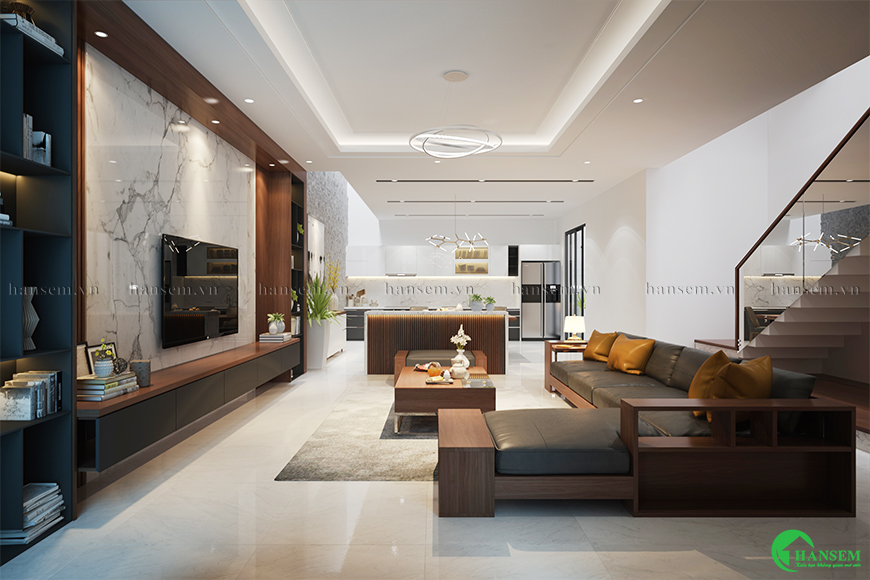 Với diện tích hẹp của phòng khách gia chủ liên thông với phòng bếp nâng tầm cuộc sống thêm thoải mái