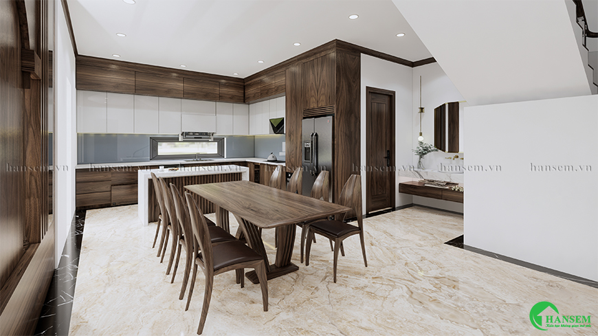 Tủ bếp với nhiều hệ ngăn chia lưu trữ thông minh nhờ vậy luôn gọn gàng ngăn nắp