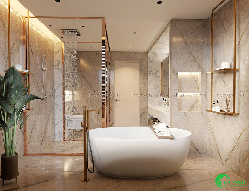 Bồn tắm thiết kế hài hòa kết hợp với vật liệu như kính cường lực, đá cao cấp tự nhiên