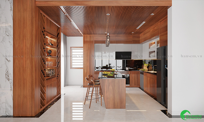 Không gian bếp với gỗ tự niên chủ đạo bố trí khéo léo mang lại thoải mái cho gia đình