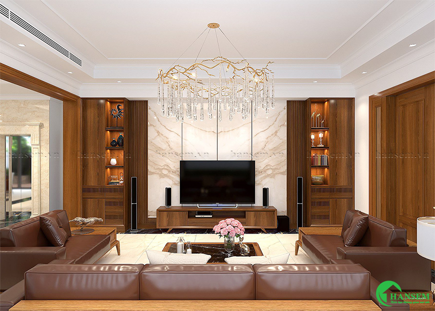 Phòng khách đẹp sử dụng đồ nội thất cao cấp tự nhiên đón tiếp khách và sum vầy gia đình