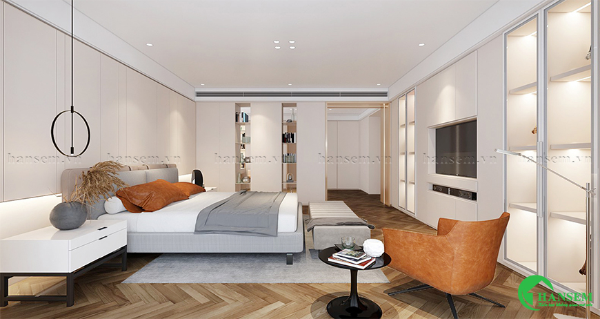 Thiết kế thi công nội thất phòng ngủ đẹp rộng rãi với ánh sáng nhẹ nhàng