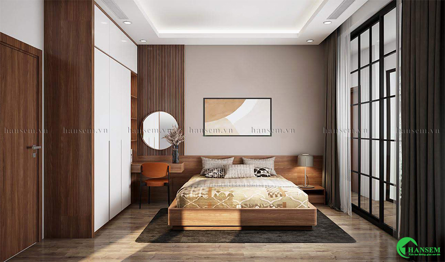 Nội thất phòng ngủ hiện đại sử dụng chất gỗ công nghiệp và hệ nhôm kính cao cấp