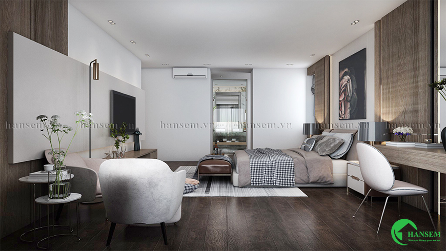 Căn phòng ngủ bố trí đồ nội thất với gam màu nhẹ nhàng đường nét mềm mại mang đến giấc ngủ ngon