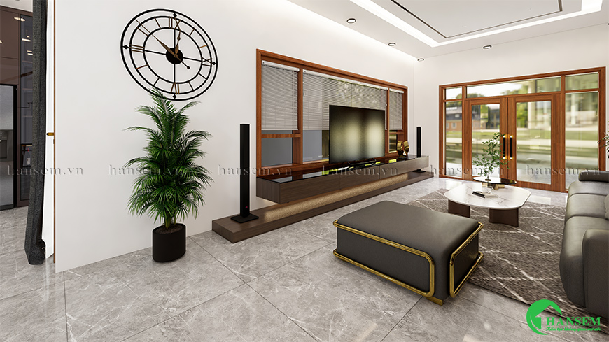 Nội thất phòng khách cao cấp của HanSem tập trung vào sự hài hòa giữa thẩm mỹ công năng và chất liệu