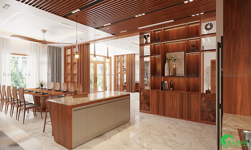 Khu vực bếp và phòng ăn mang hơi thở hiện đại tiện nghi mà vẫn toát lên vẻ đẳng cấp