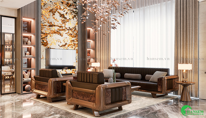 Thiết kế phòng khách thông thoáng và thi công đồng bộ sắc màu vật liệu cao cấp