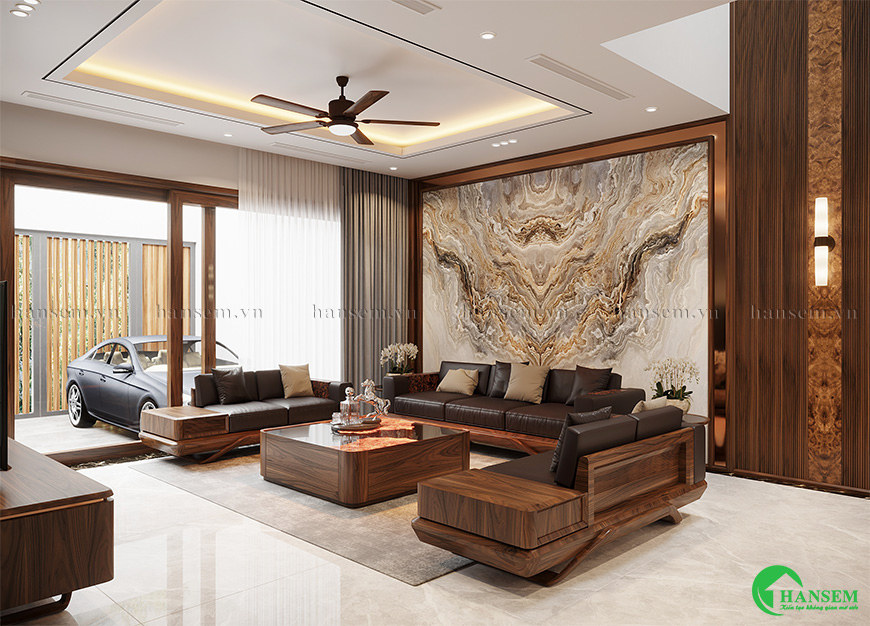 Lựa chọn vật liệu gỗ đã trải qua quy trình xử lý nghiêm ngặt để phòng khách luôn bền bỉ và hợp xu thế