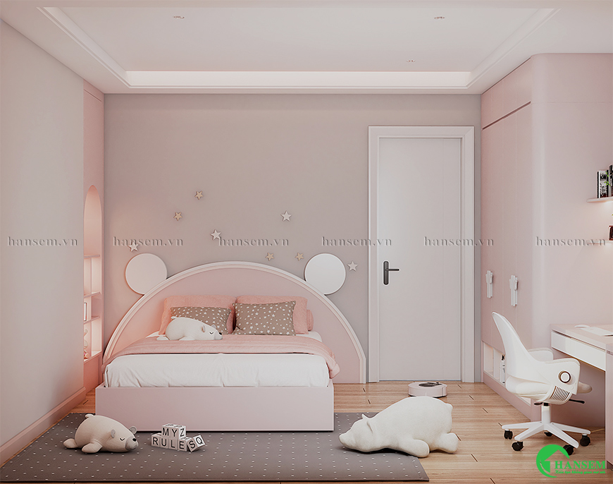 Sử dụng gam màu hồng nhẹ dễ thương và đồ dùng mà bé yêu thích