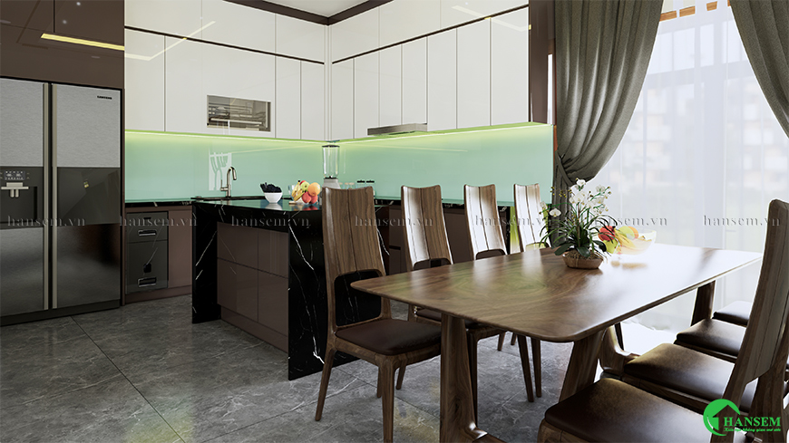 Phong cách bếp hiện đại hài hòa cảm giác mát lành nhưng vẫn thể hiện sự sang trọng