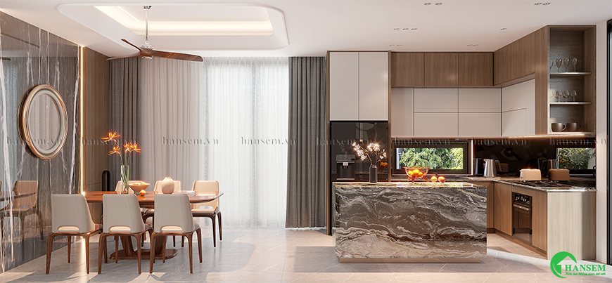 Phòng bếp hiện đại thiết kế thoáng rộng đảm bảo tính thẩm mỹ