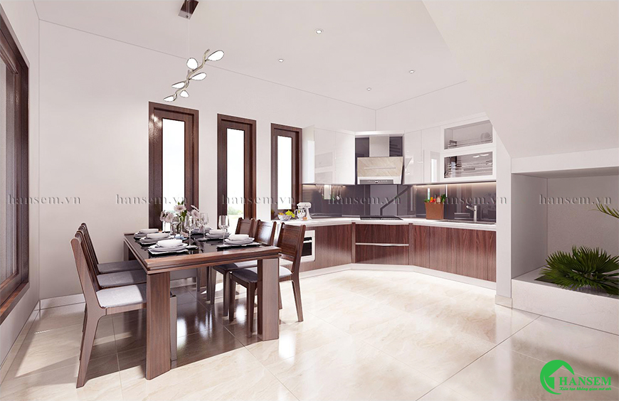Phòng bếp hướng tới sự tối giản với điểm nhấn tông màu đẹp cao cấp