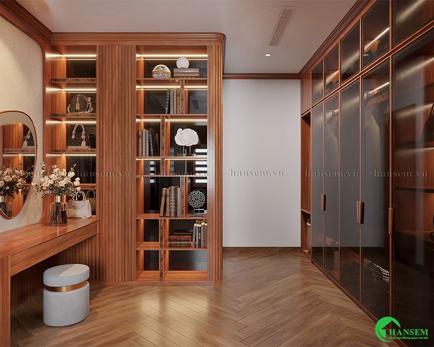 Một khoảng trống của phòng quần áo kết hợp bàn trang điểm ấn tượng hiện đại