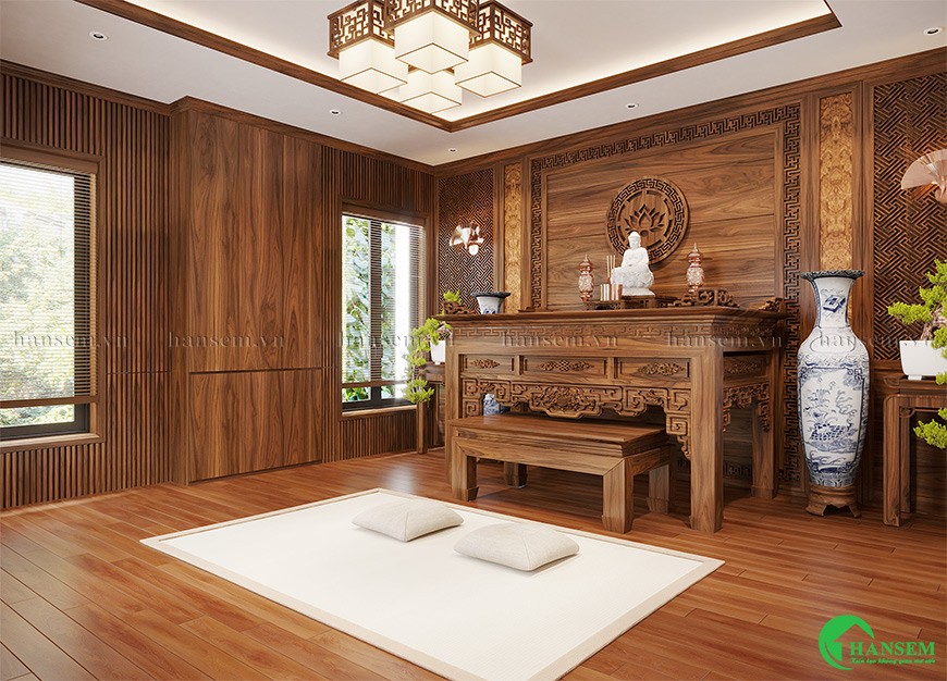 Kiến tạo không gian phòng thờ với vẻ đẹp truyền thống pha trộn nét hiện đại với sự ấm cúng, trang nghiêm