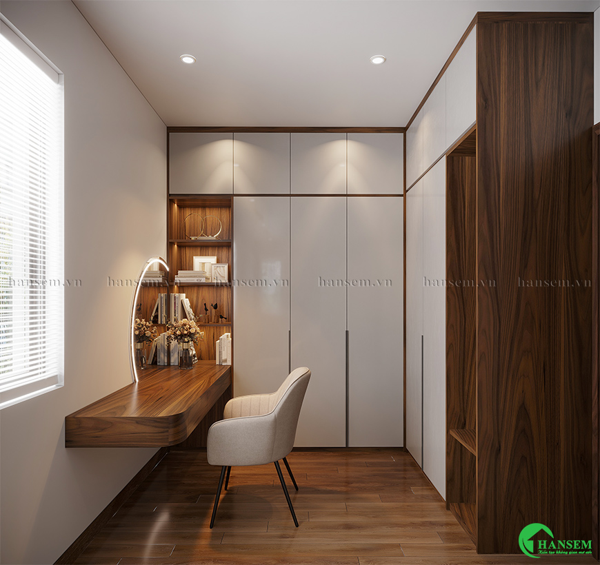 Bàn trang điểm kết hợp tủ quần áo tiết kiệm diện tích làm cho căn phòng thêm rộng rãi