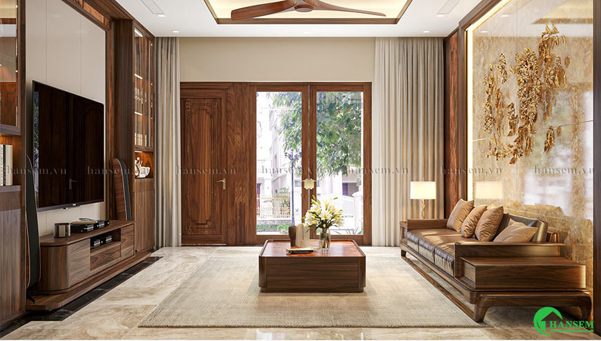 Kết hợp giữa vẻ đẹp thẩm mỹ của không gian phòng khách và gỗ nội thất tự nhiên sang trọng