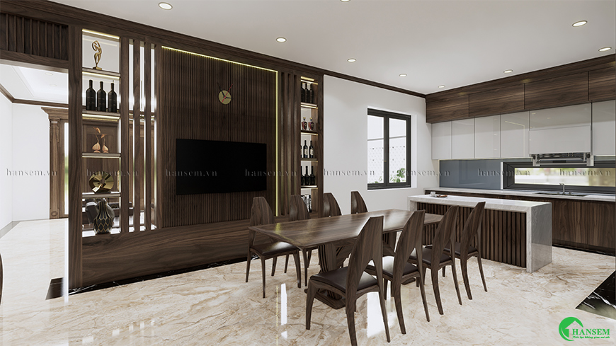 Tổng thế phòng bếp với chất gỗ óc chó tinh xảo đảm bảo chất lượng sử dụng bền vững