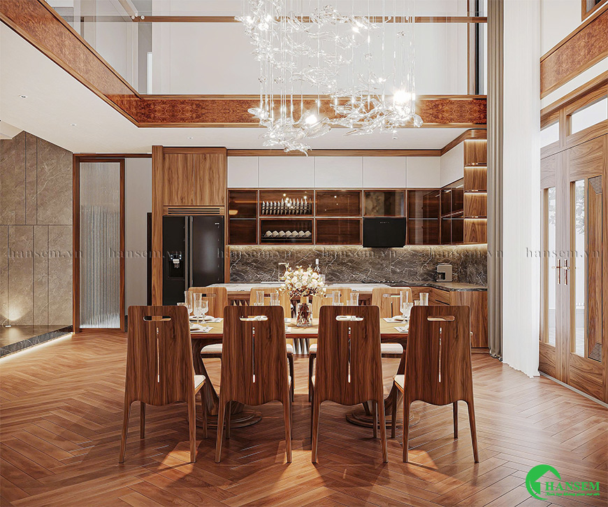 Đồng bộ nội thất với chất gỗ tự nhiên đẹp kết hợp hệ đèn tự nhiên và đồ công nghệ thông minh