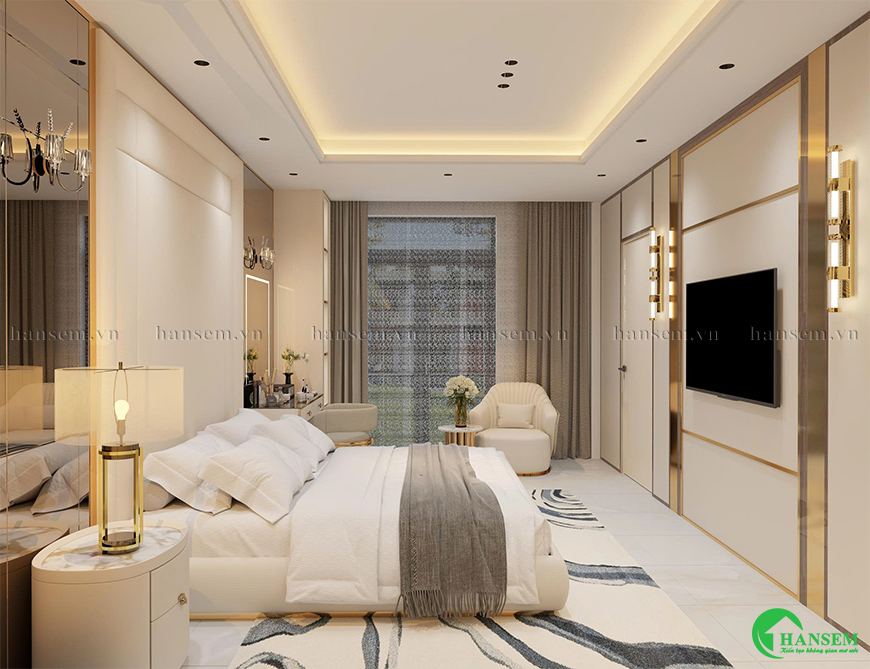 Phòng ngủ hiện đại kết hợp gỗ công nghiệp và nẹp nhôm mạ vàng đẹp