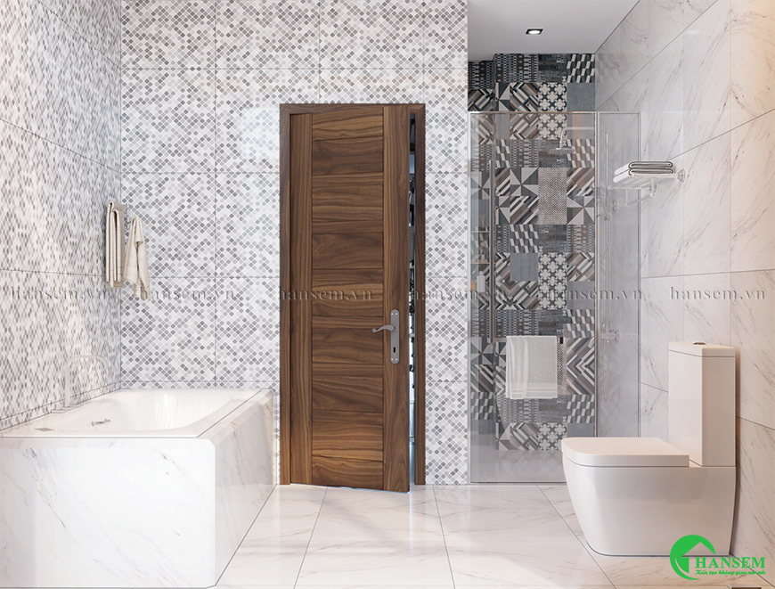 Bố trí hệ ánh sáng đèn kết hợp gạch ốp tường và kính mang lại sự thoải mái trong sử dụng