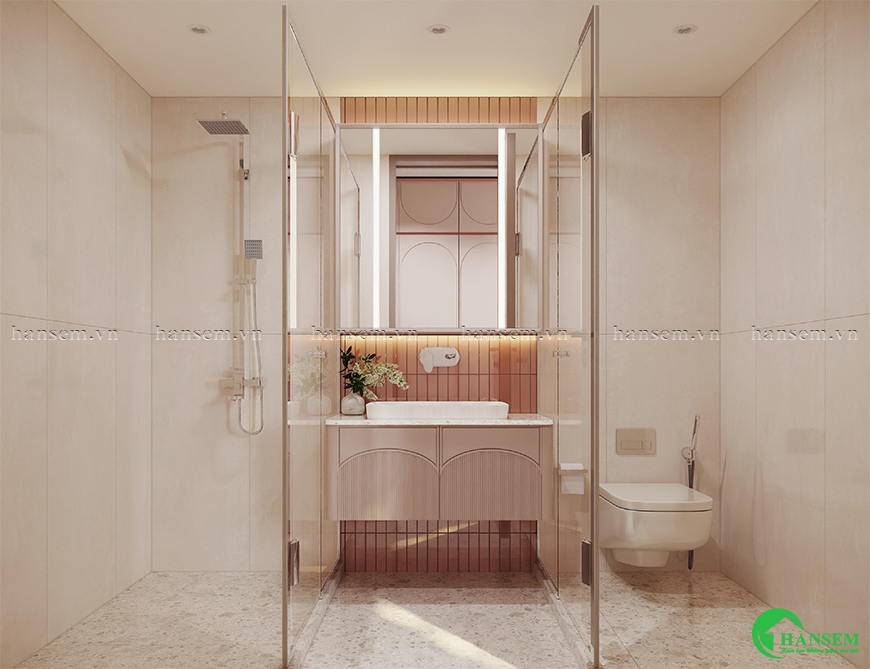 Hệ vách ốp tường và kệ gỗ công nghiệp điểm nhấn tuyệt đẹp cho phòng tắm kết hợp vệ sinh