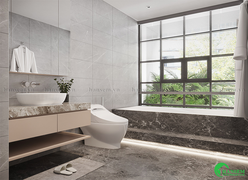 Phòng tắm thiết kế đồng bộ với hệ vách trang trí tối ưu mang lại sự gọn gàng tiện nghi