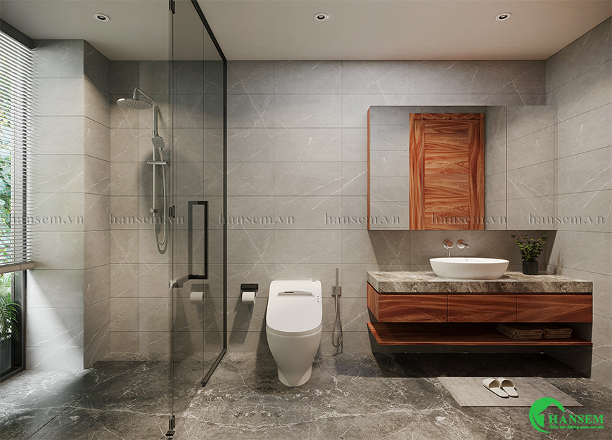 Khu tắm và vệ sinh kết hợp trong 1 không gian kế bên là lavabo kệ rửa đẹp