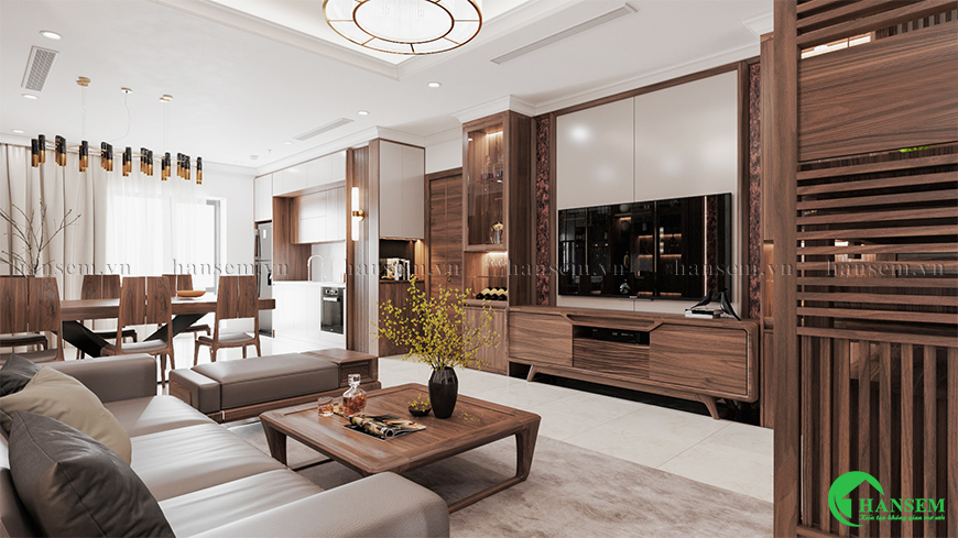 thiết kế nội thất phòng khách gỗ óc chó