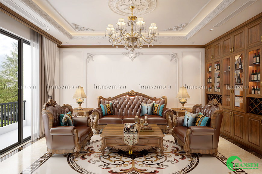 Nội thất phòng khách tân cổ điển sắc màu hài hòa đồng bộ và cân đối rất đẹp