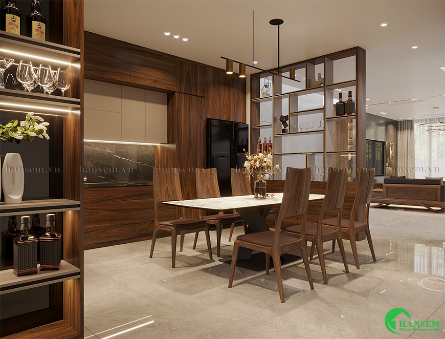 Kết hợp tủ bếp đồng chất liệu và mà sắc cùng đường nét tỉ mỉ rất nổi bật