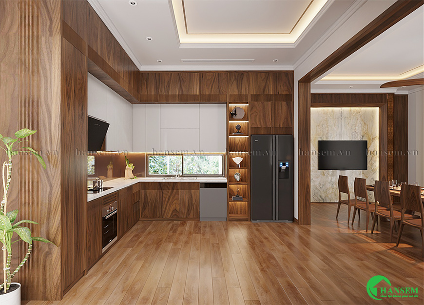 thiết kế nội thất phòng bếp gỗ óc chó