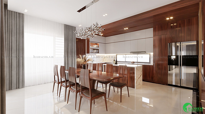 thiết kế nội thất phòng bếp gỗ óc chó