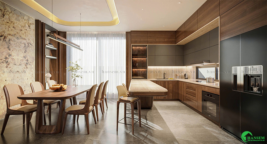 Với sắc màu của gỗ và vân biến đổi thành từng tấm tạo nên căn bếp đẹp cá tính