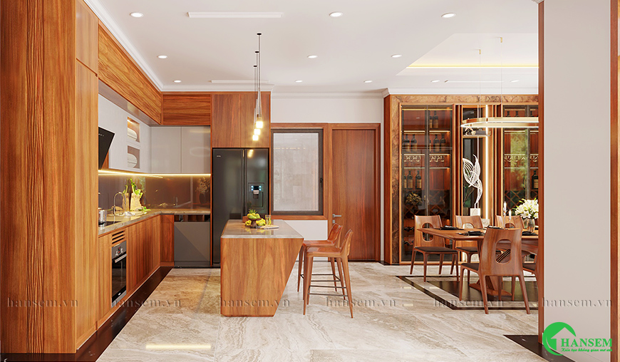 thiết kế nội thất phòng bếp gỗ hương đá