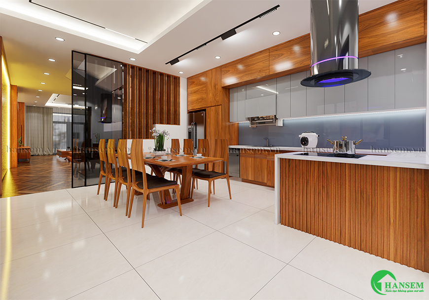thiết kế nội thất phòng bếp gỗ hương đá