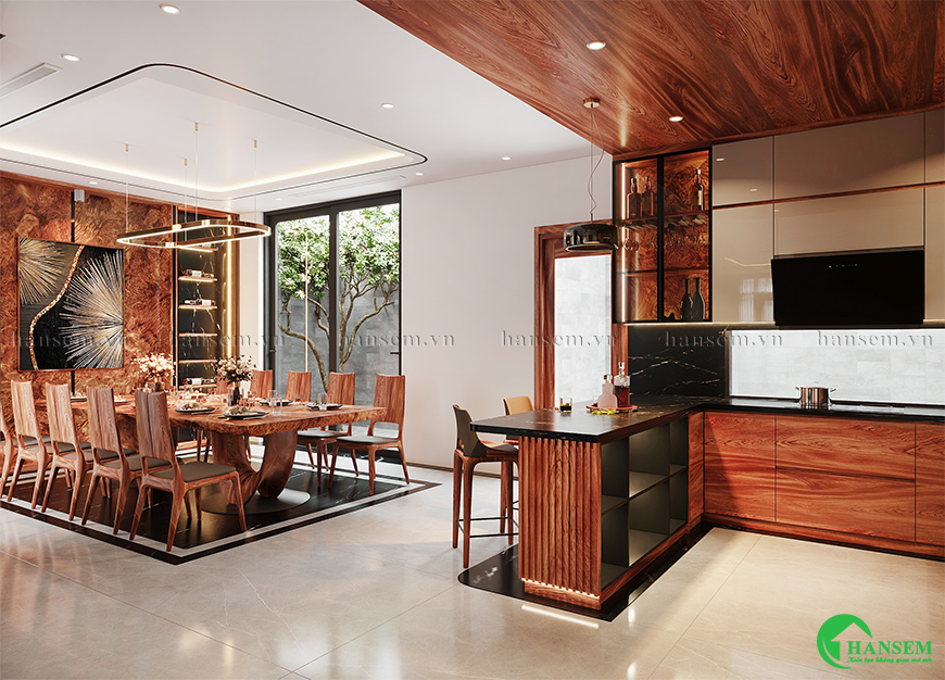 thiết kế nội thất phòng bếp gỗ hương đá