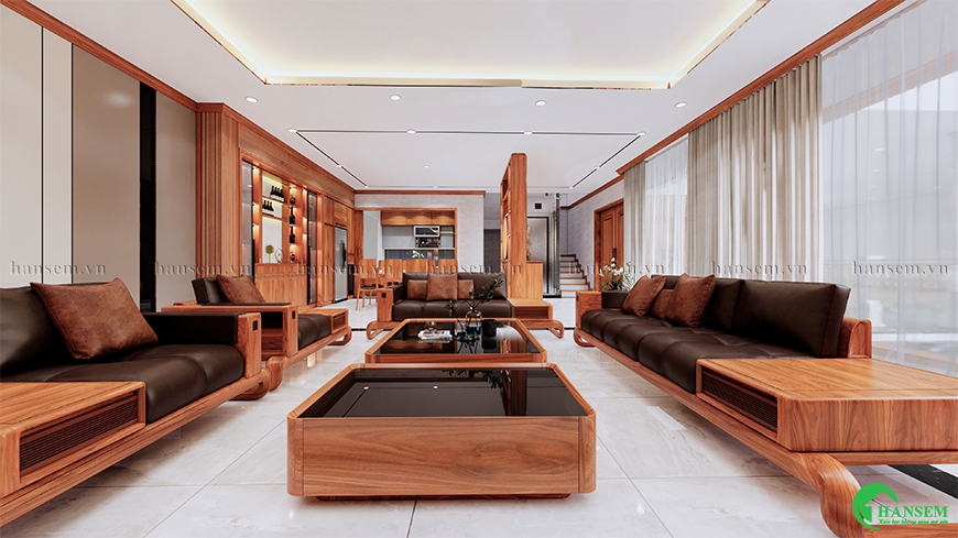 thiết kế nội thất phòng khách gỗ gõ đỏ