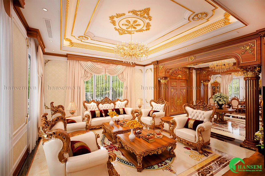 thiết kế nội thất phòng khách gỗ gõ đỏ