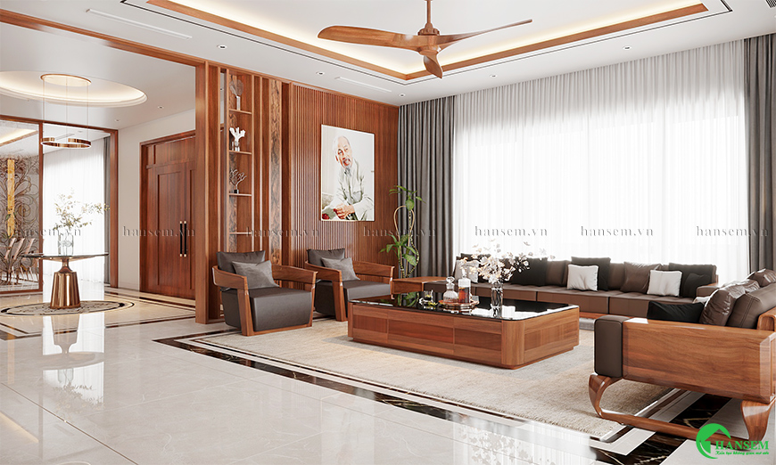 thiết kế nội thất phòng khách gỗ gõ đỏ