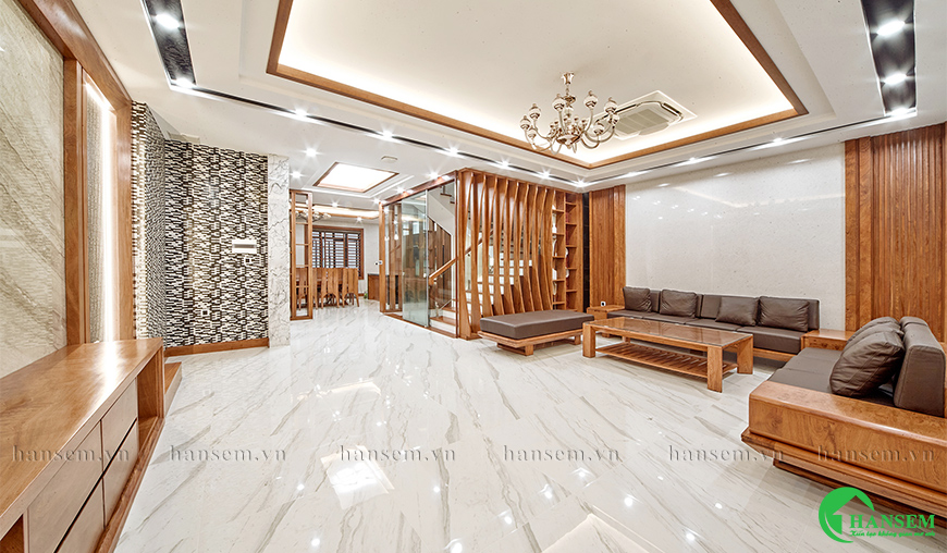 thiết kế nội thất phòng khách gỗ hương đá