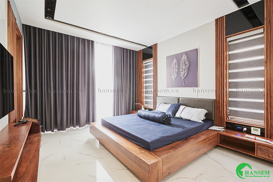 Thiết kế phòng ngủ gỗ hương cao cấp với hệ vân đặc sắc làm nổi bật không gian
