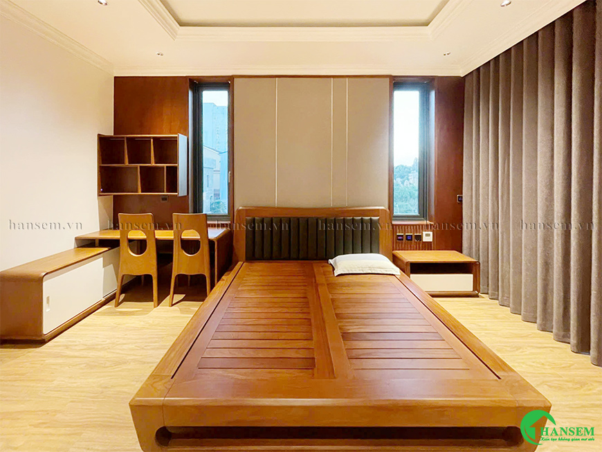 Điểm nhấn phòng ngủ đẹp ấn tượng với vật liệu gỗ chế tác tỉ mỉ
