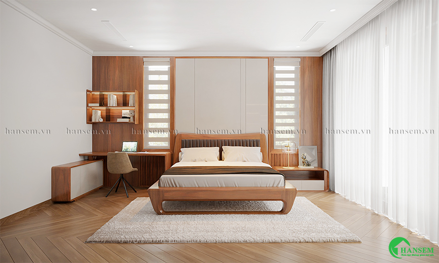 thiết kế nội thất phòng ngủ gỗ hương đá