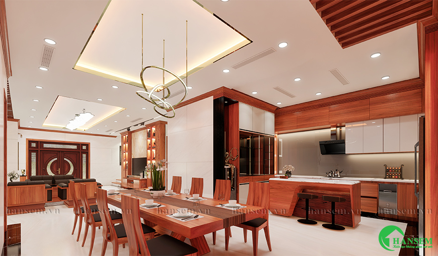 thiết kế phòng bếp gỗ gõ đỏ