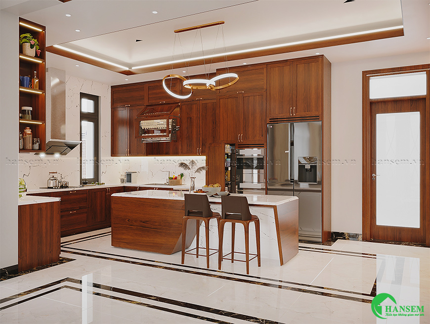 thiết kế phòng bếp gỗ gõ đỏ